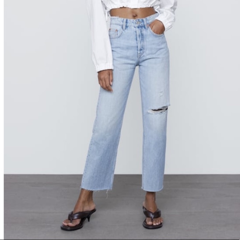 Zara High Rise Straight Leg Ripped Jeans